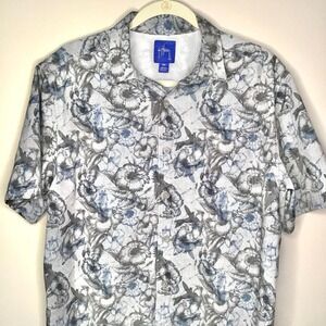 Guy Harvey Mens Floral Fishing Shirt Blue Gray Short Sleeve Sz M Vacation Hawaii